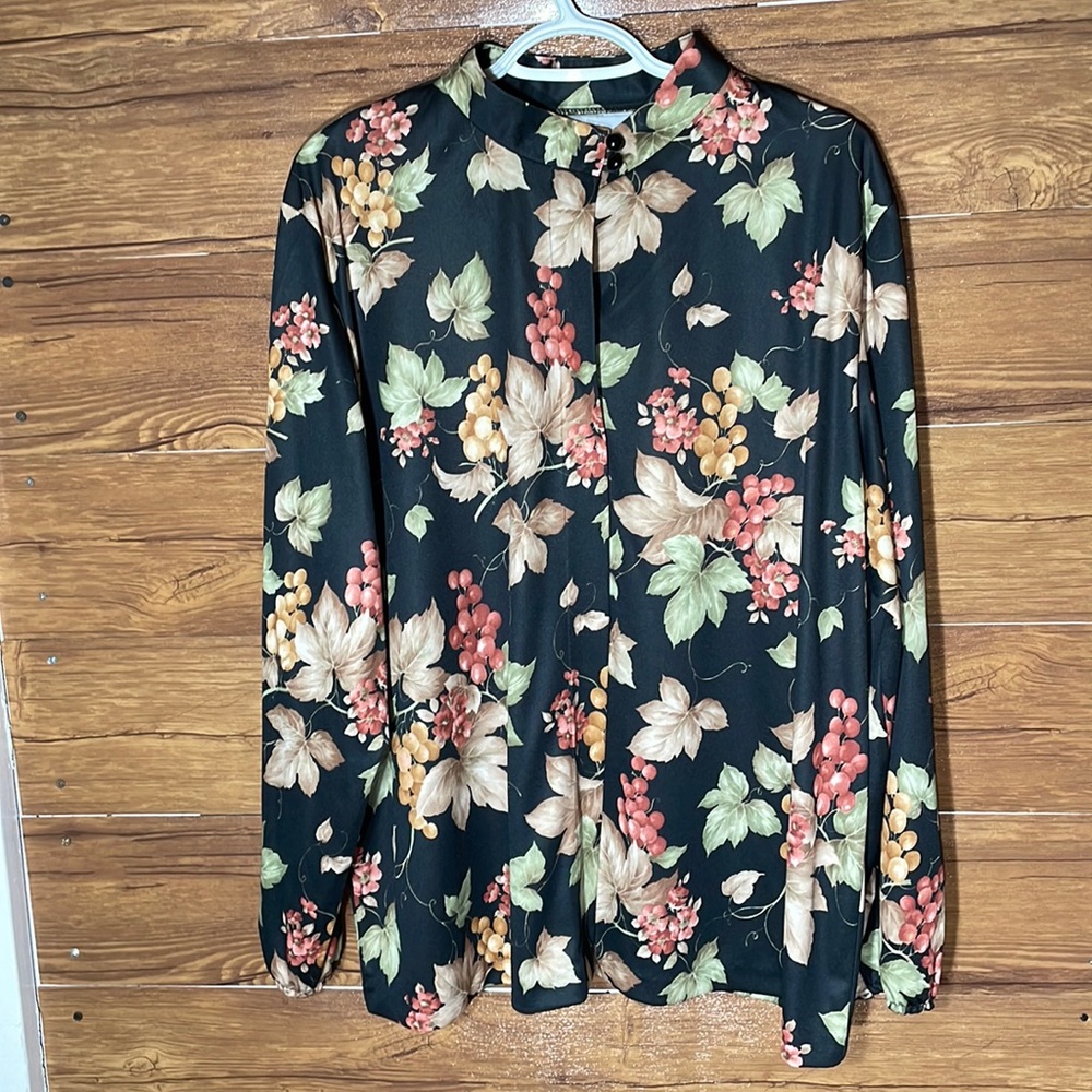 Vintage 80s Fruit/grape Print High Neck Blouse Size 2XL Blair Brand